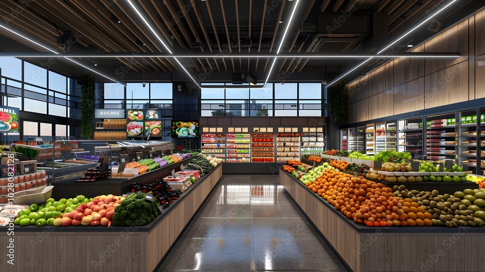 Modern Grocery Store Produce Section with Fresh Fruits and Vegetables Modern Grocery Store Produce Section with Fresh Fruits and Vegetables