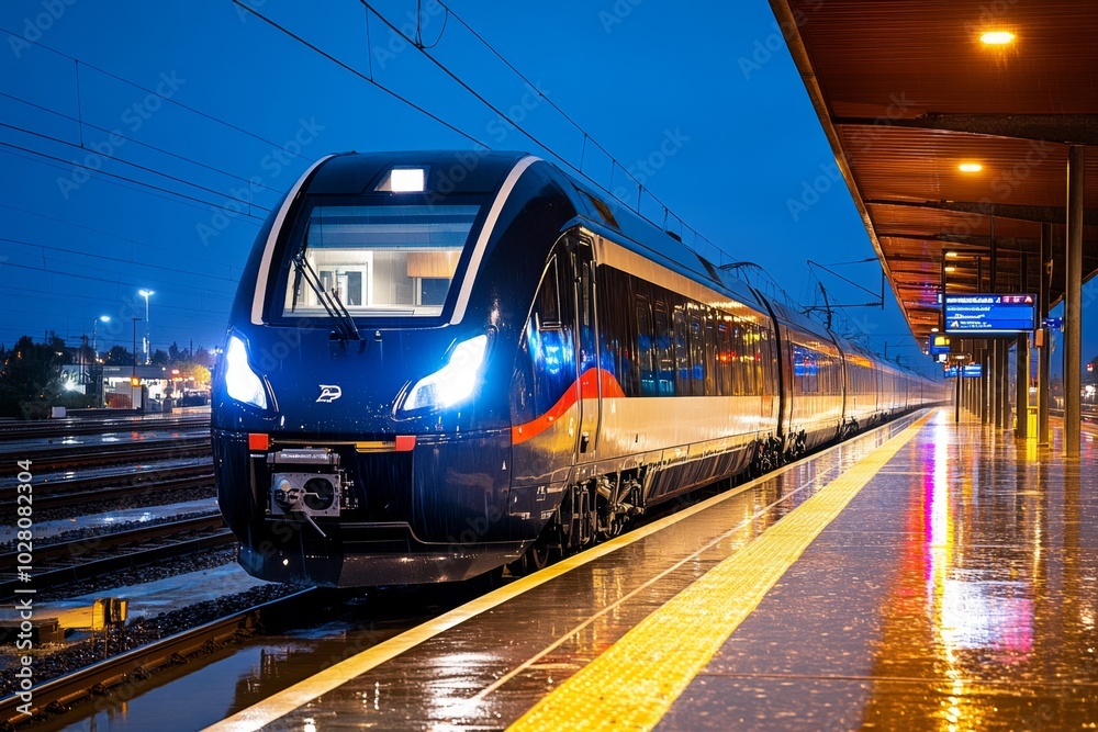 Hyper-realistic image of a train station at night, with the lights reflecting off the wet platform and the train's sleek cars ready for departure, capturing the quiet anticipation of travel Hyper-realistic image of a train station at night, with the lights reflecting off the wet platform and the train's sleek cars ready for departure, capturing the quiet anticipation of travel