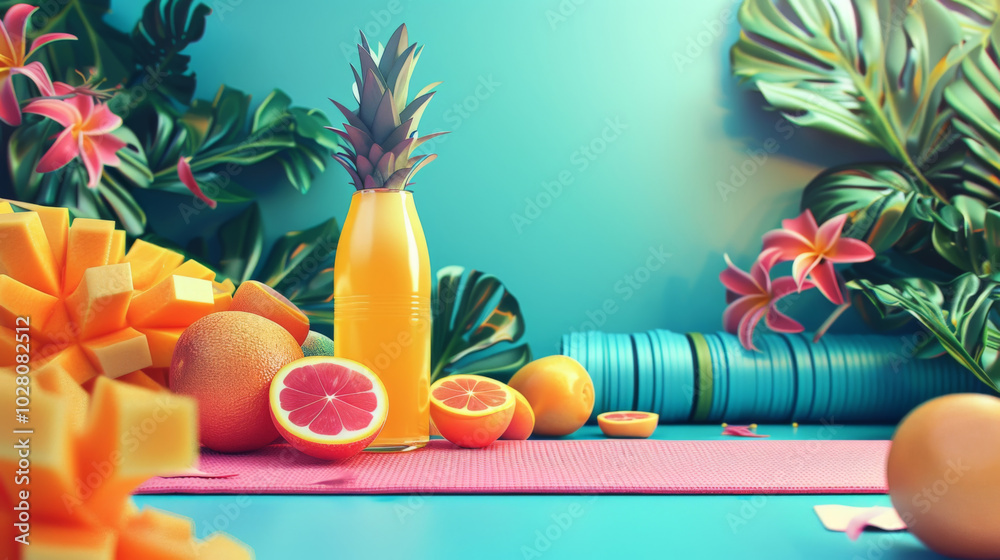 Tropical wellness retreat concept with fresh citrus and juicy mangoes for a vibrant healthy lifestyle Tropical wellness retreat concept with fresh citrus and juicy mangoes for a vibrant healthy lifestyle