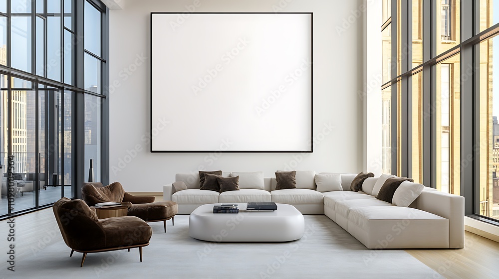 A contemporary loft living room with high ceilings, large windows, and a blank white frame positioned above a modern coffee table, providing an opportunity for artistic flair. A contemporary loft living room with high ceilings, large windows, and a blank white frame positioned above a modern coffee table, providing an opportunity for artistic flair.