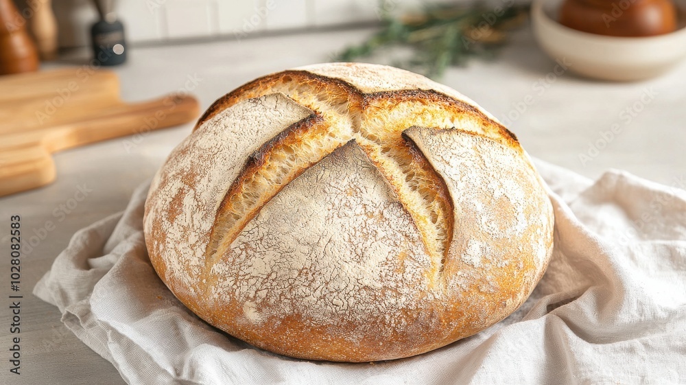 Freshly baked round bread with a golden crust on a linen cloth. Freshly baked round bread with a golden crust on a linen cloth.