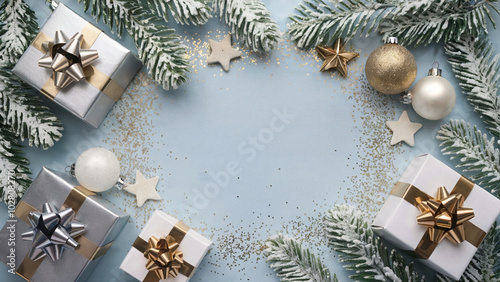 A festive arrangement on a light blue background. There are snow-covered pine branches framing the image, with golden and silver baubles, stars, and a glittery scatter of confetti.