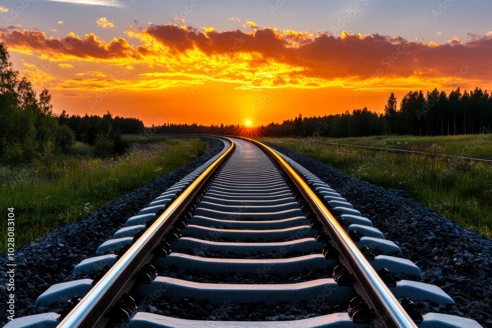 Obraz premium Simple silhouette of train tracks disappearing into the distance, with clean lines suggesting the rails, capturing the essence of movement and travel in a minimalist design