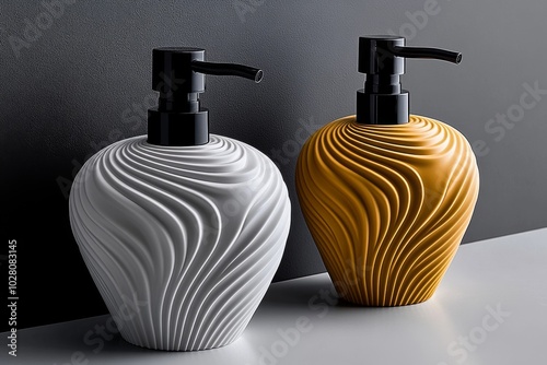 Simple, modern 3D dispenser for hand soap, with smooth lines and a subtle push-pump design, representing elegance in simplicity photo