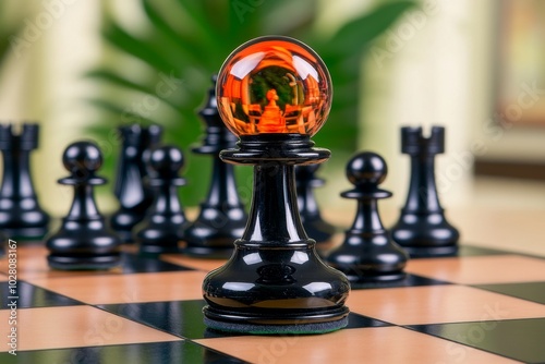 The Sicilian Defense opening on a chessboard, with black pieces in a strong defensive stance, ready to counter white's aggressive e4 opening photo