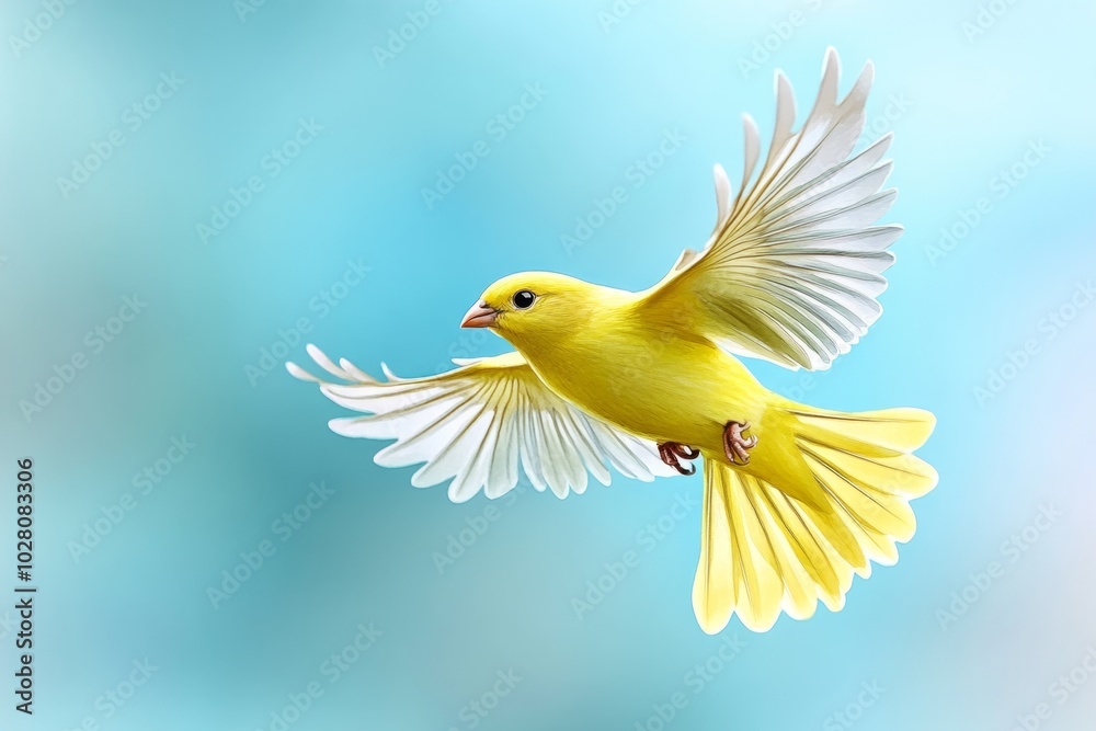 Obraz premium Watercolor illustration of a yellow bird flying through a pale blue sky, with soft, dreamy colors blending together to create a sense of freedom and lightness