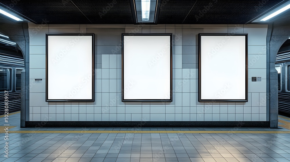 Three Blank Advertisement Posters in a Subway Station Three Blank Advertisement Posters in a Subway Station