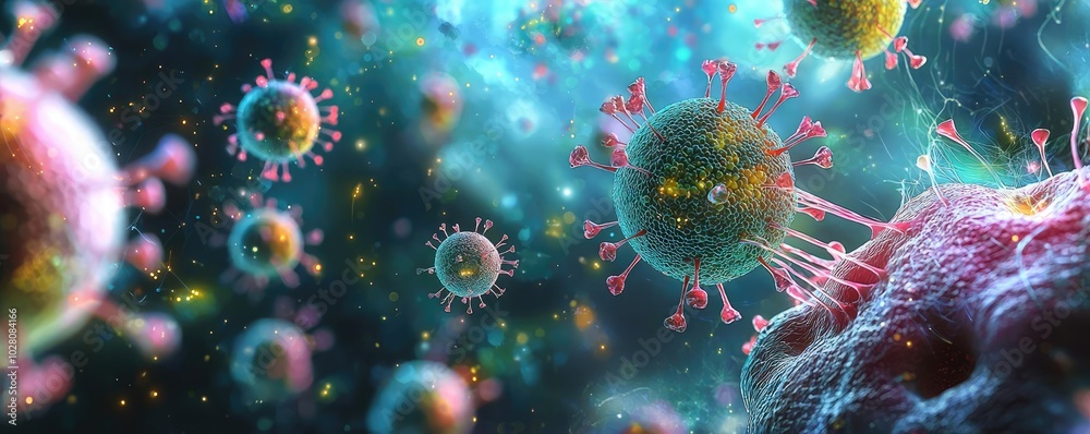 Microscopic view of viruses floating in a colorful abstract space. Microscopic view of viruses floating in a colorful abstract space.