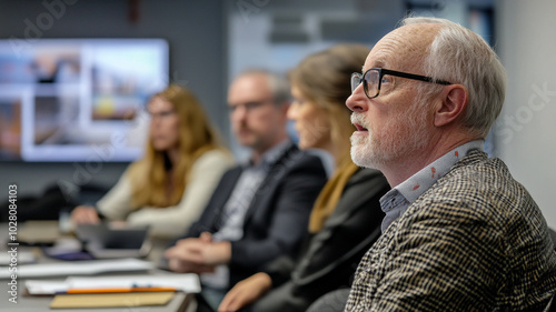 Group of professionals engaged in a meeting discussing project details in an office setting