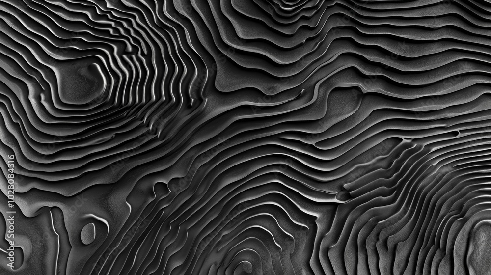 Obraz premium Wallpaper Abstract background forming a topographic map with concentric shapes, simulating a black and white aerial view