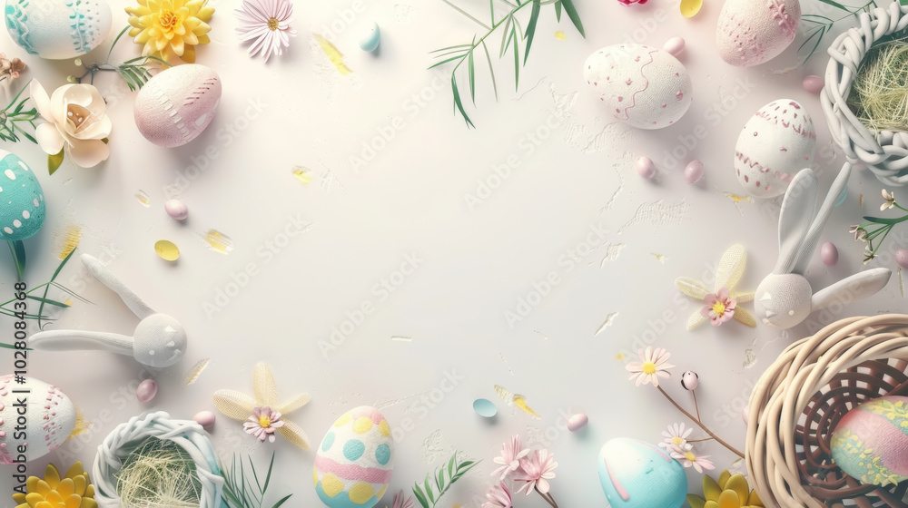 Charming easter holiday background with decorative eggs and spring flowers for cards and invitations Charming easter holiday background with decorative eggs and spring flowers for cards and invitations