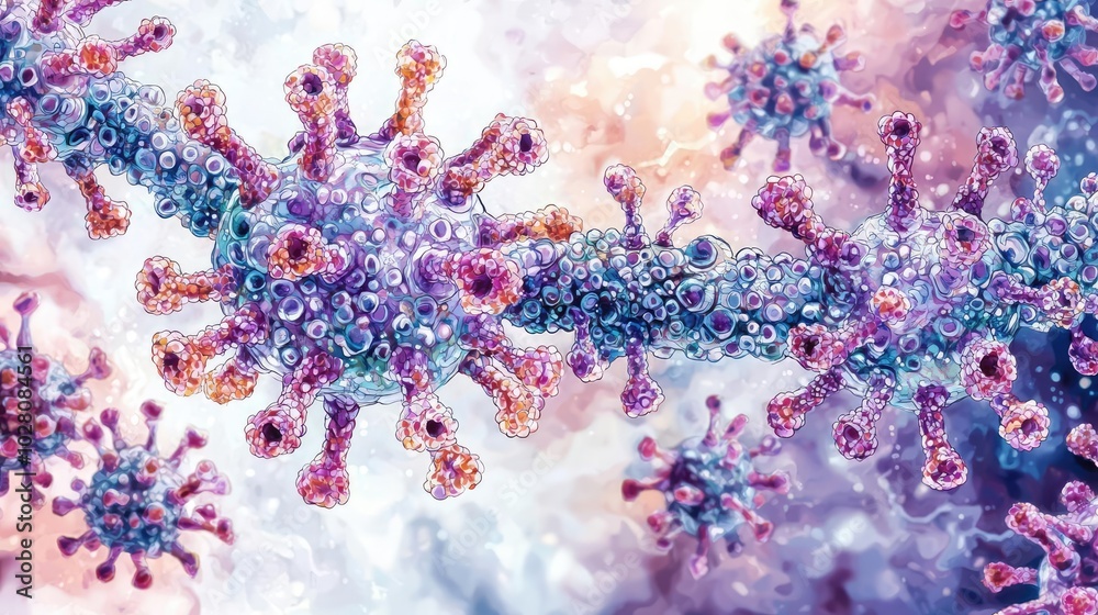 Colorful digital illustration of virus structure under microscopic view. Colorful digital illustration of virus structure under microscopic view.