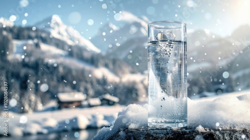 A glass filled with refreshing water rests in a mountain stream, embodying the essence of clean drinking water. photo