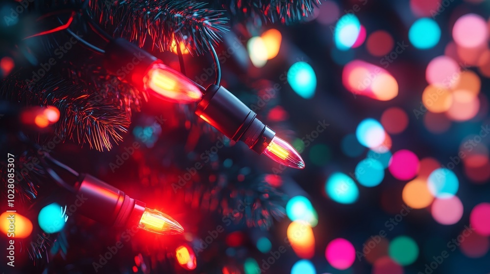 Vibrant Christmas lights with a high-tech glow, red, green, yellow, and blue, reflecting intricately on sleek metallic surfaces. Futuristic, Close-up, Neon, Hyperrealistic Vibrant Christmas lights with a high-tech glow, red, green, yellow, and blue, reflecting intricately on sleek metallic surfaces. Futuristic, Close-up, Neon, Hyperrealistic