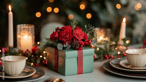 Warm and inviting holiday table with neatly wrapped gift boxes as placeholders, twinkling fairy lights, red and green decor, and delicate festive touches photo