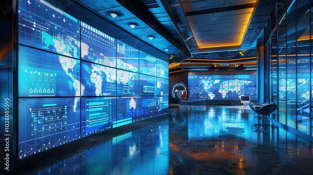 The control center is illuminated by large screens showing dynamic maps, routes, and delivery information for logistics management. Generative AI
