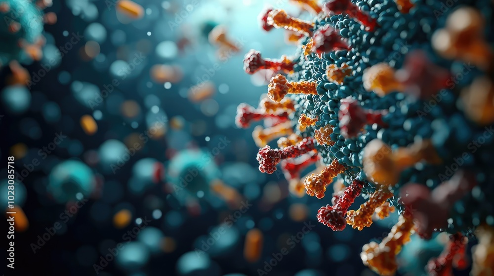 Detailed microscopic view of a virus with vibrant colors and textures. Detailed microscopic view of a virus with vibrant colors and textures.