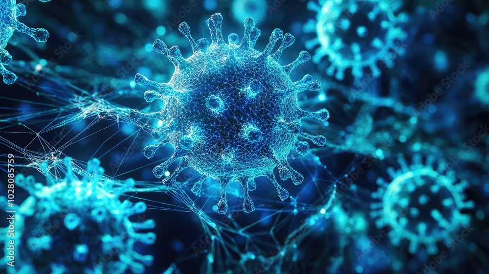 Close-up view of microscopic viruses in a blue glowing background.