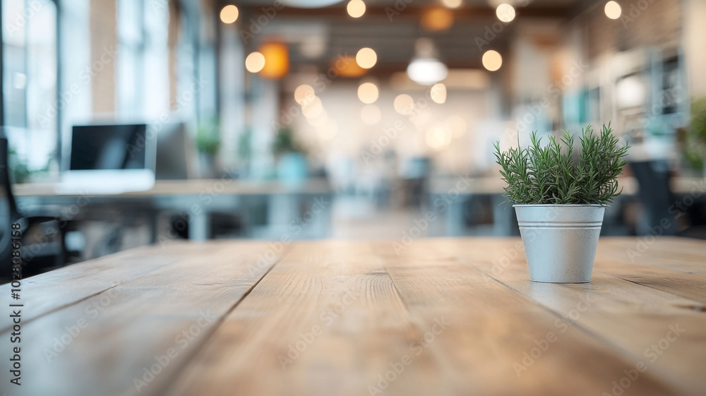 Fototapeta premium A cozy workspace featuring a potted plant on a wooden table in a well-lit office setting