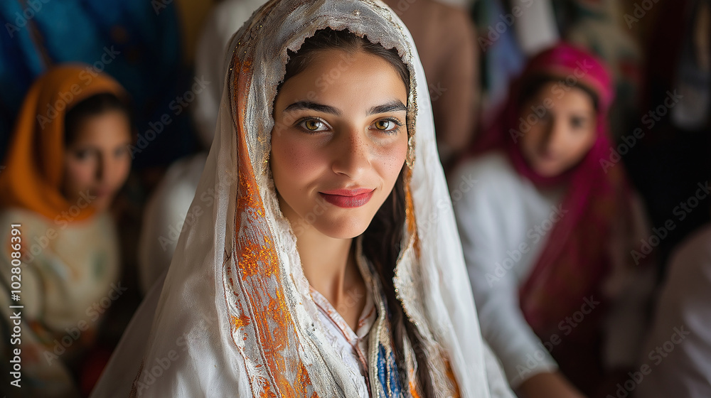 Amazigh bride in traditional wedding dress, surrounded by family members in rural Morocco Amazigh bride in traditional wedding dress, surrounded by family members in rural Morocco