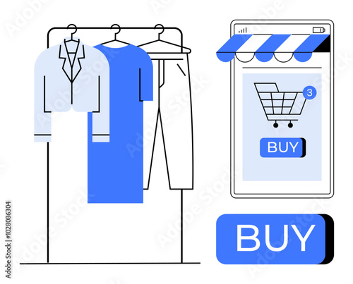 Clothes on a rack including a jacket pants and dress with a mobile phone showing a shopping cart and buy button. Ideal for online shopping fashion e-commerce retail mobile applications and digital
