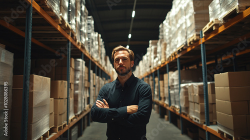 A confident logistics manager in a warehouse, standing among shelves and boxes, looking at the camera