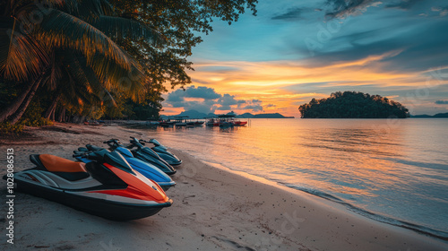 Fototapeta Naklejka Na Ścianę i Meble -  Jetski park at sandy sea beach with coconut tree. Summer tropical sports.