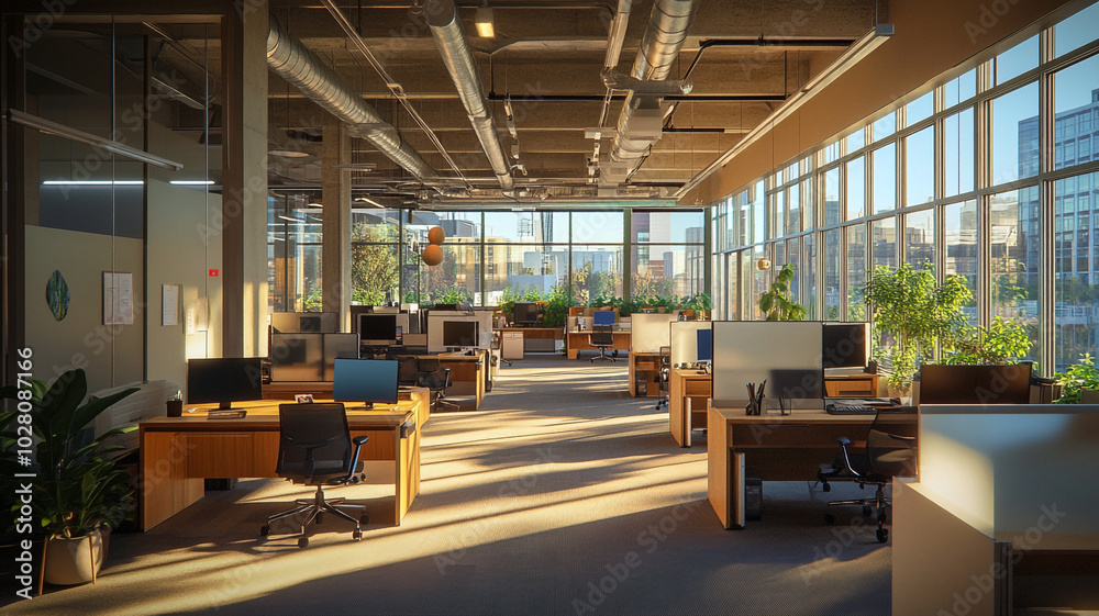 Bright modern office interior during the day with a view of the skyline and greenery Bright modern office interior during the day with a view of the skyline and greenery