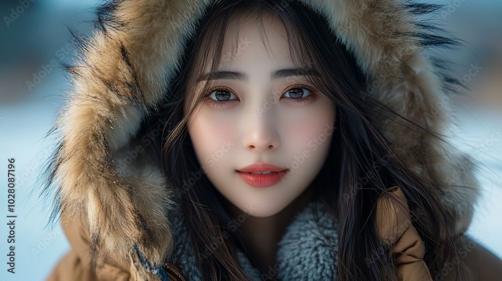 Young woman with long dark hair wearing a brown winter coat with a fur-lined hood, looking directly at the camera. Young woman with long dark hair wearing a brown winter coat with a fur-lined hood, looking directly at the camera.