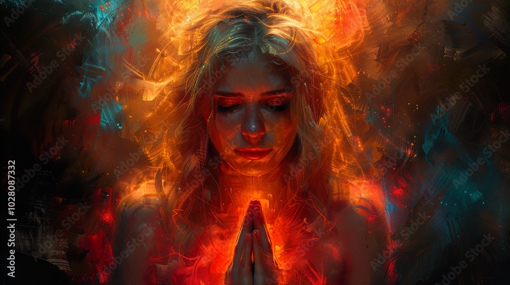 Glowing Woman in Prayer: A Spiritual Artwork Glowing Woman in Prayer: A Spiritual Artwork