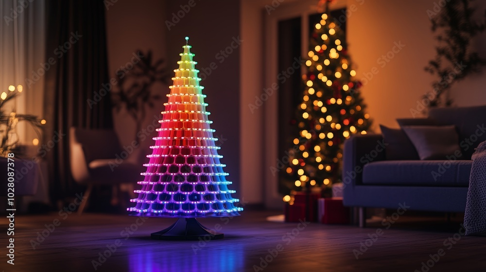 Fototapeta premium Futuristic holiday scene with a modern, minimalist Christmas tree and programmable LED lights, each ornament pulsing in synchronized custom colors, tech-inspired celebration