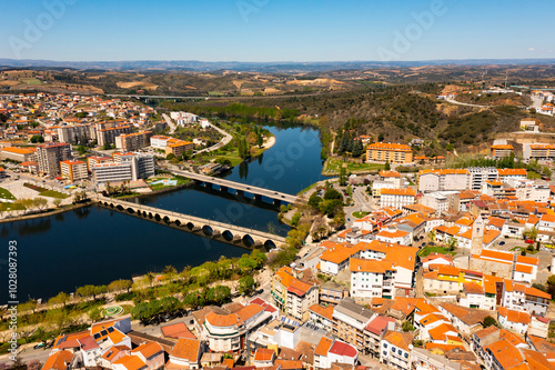 Picturesque view from drone of Portuguese town of Mirandela photo