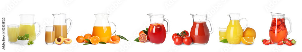 Glass jugs with different juices isolated on white, set Glass jugs with different juices isolated on white, set
