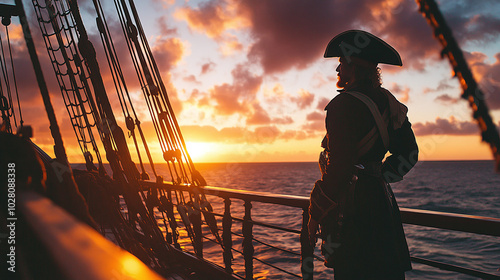 A pirate captain standing on the deck of a ship, gazing out at the horizon during a dramatic sunset photo