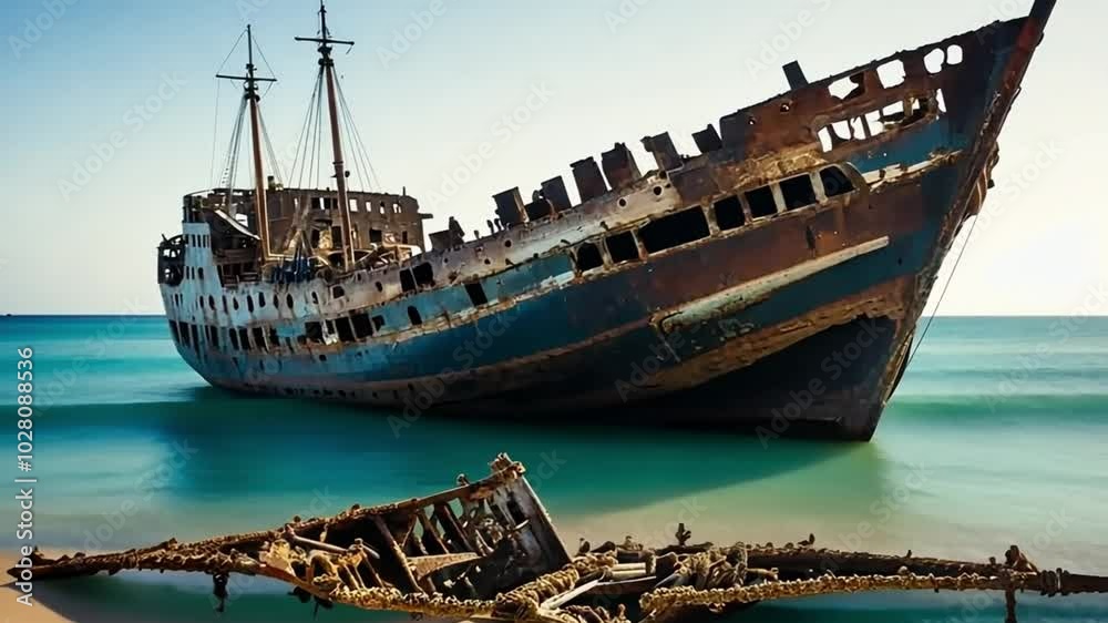 A shipwreck on the sea floor. The ship is partially submerged in the water, with the hull exposed and the masts broken. The water is clear. The background reveals a calm sea with a few boats. A shipwreck on the sea floor. The ship is partially submerged in the water, with the hull exposed and the masts broken. The water is clear. The background reveals a calm sea with a few boats.