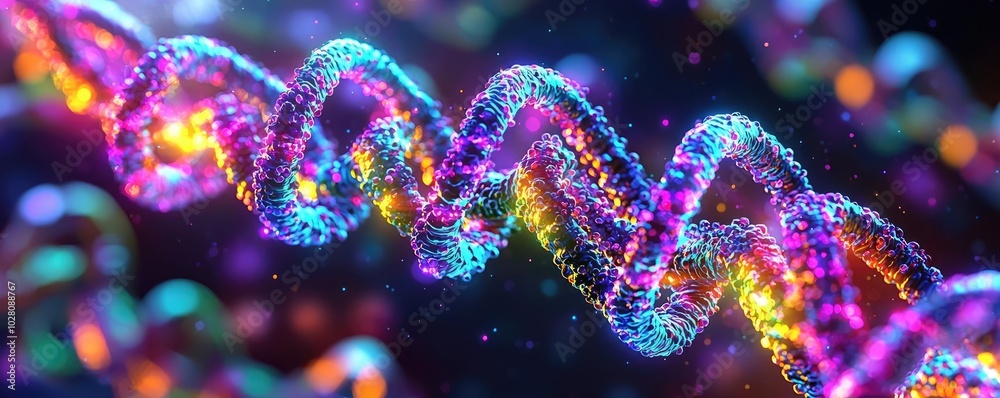 Colorful abstract representation of DNA with vibrant lights and shimmering effects. Colorful abstract representation of DNA with vibrant lights and shimmering effects.