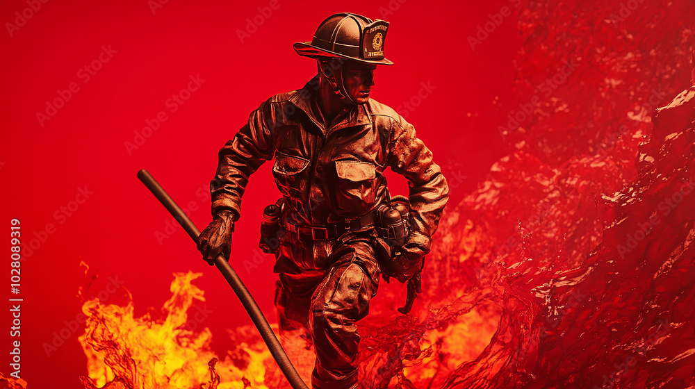 Obraz premium A statue of a determined firefighter holding a hose, surrounded by flames and tools, on a bold red background