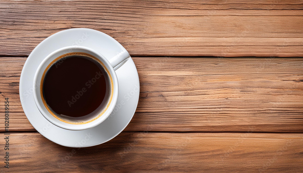 Cup of coffee on a wood table background. Top view with copy space Cup of coffee on a wood table background. Top view with copy space