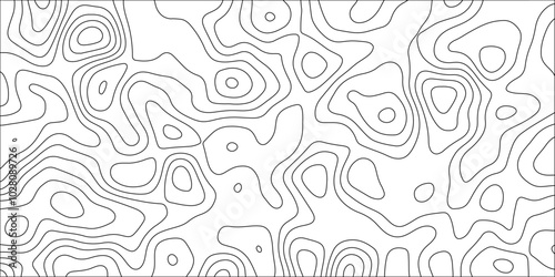 Abstract black & white topographic Contour Scheme and Terrain on old paper. Geographic mountain terrain. Contour map background. Cartographic Weave with seamless striped patterns and wavy Lines