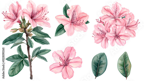 Tropical Flowers and leaves set, azalea isolated white background, watercolor painting illustration, rhododendron Pink flower, floral clipart