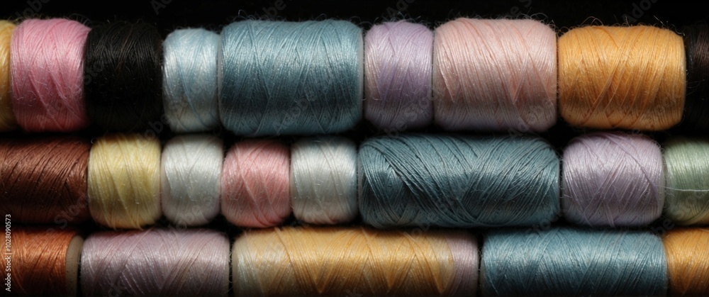 The harmony of thick threads in pastel colors on a black background, the threads are centered The harmony of thick threads in pastel colors on a black background, the threads are centered