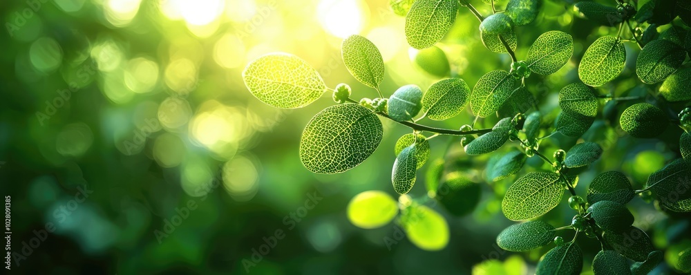Lush green leaves illuminated by soft sunlight, creating a serene atmosphere. Lush green leaves illuminated by soft sunlight, creating a serene atmosphere.