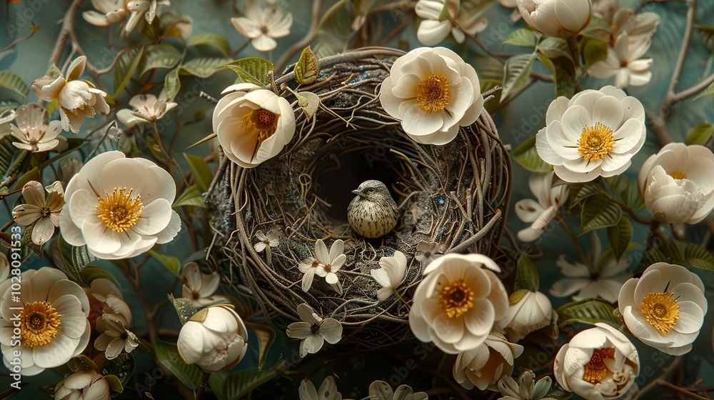 Fototapeta premium A Bird's Nest Surrounded by Delicate White Flowers