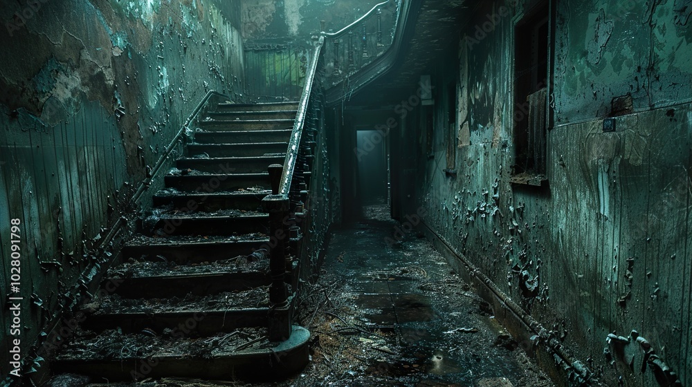 Abandoned Hallway with Fire Damage and Decaying Staircase Abandoned Hallway with Fire Damage and Decaying Staircase