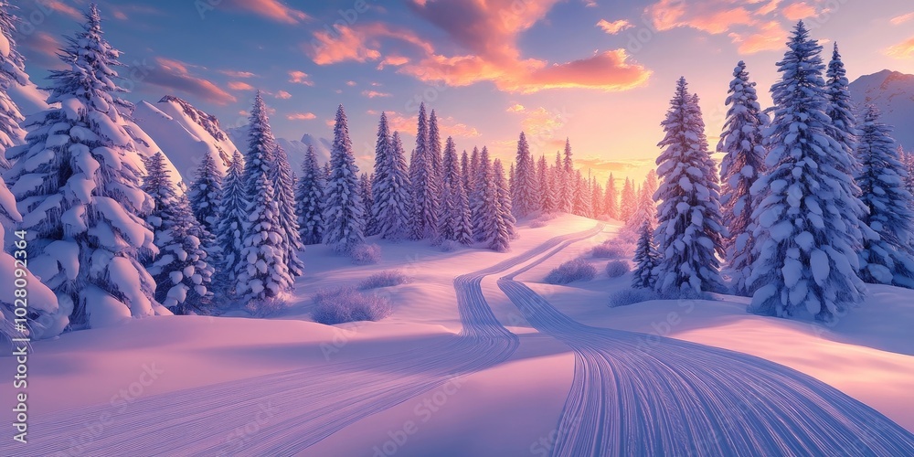 Ski trails winding through snow-covered fir trees at sunset, capturing the beauty of winter sports