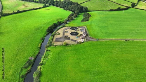 Aerial view of Armoy WwTW Waste water and sewage treatment company Co Antrim Northern Ireland photo