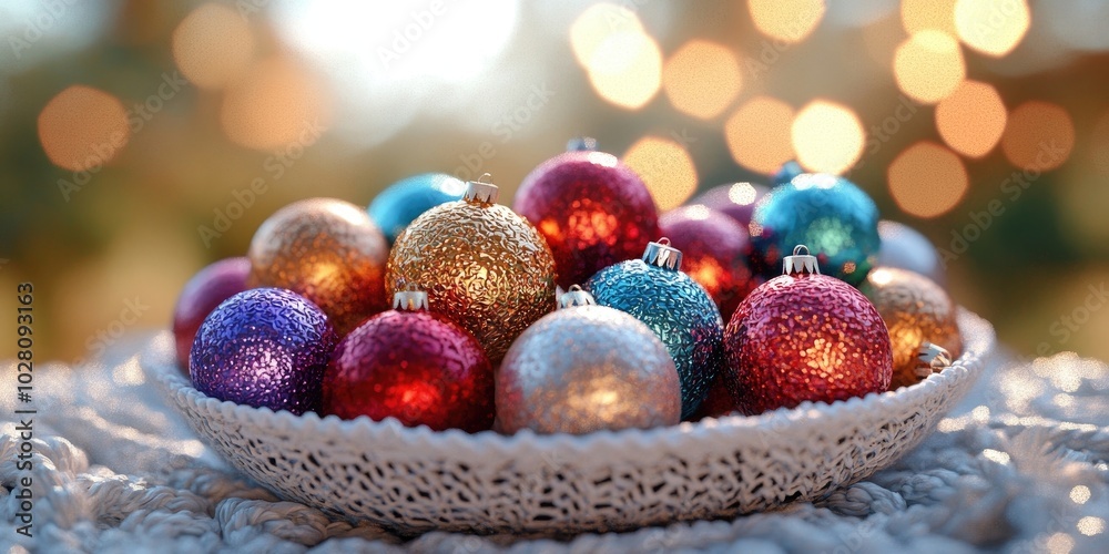 Bowl filled with vibrant Christmas tree ornament balls arranged on a white crochet tablecloth, a creative idea for festive home decoration Bowl filled with vibrant Christmas tree ornament balls arranged on a white crochet tablecloth, a creative idea for festive home decoration