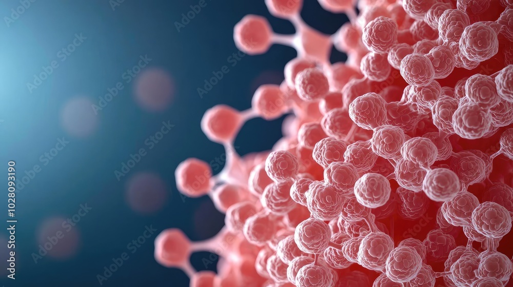 Close-up view of pink microorganisms on a dark background, isolated. Close-up view of pink microorganisms on a dark background, isolated.