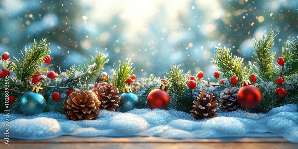Festive holiday decoration featuring paper snowflakes, bells, green branches, and pine cones arranged on a frosty wooden table, perfect for a Christmas backdrop Festive holiday decoration featuring paper snowflakes, bells, green branches, and pine cones arranged on a frosty wooden table, perfect for a Christmas backdrop