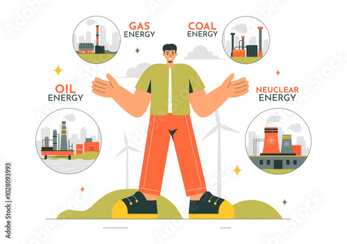 Nonrenewable Natural Energy Resources Vector Illustration Featuring Nuclear, Petroleum, Oil, Natural Gas, and Coal Fuels in a Flat Style Background